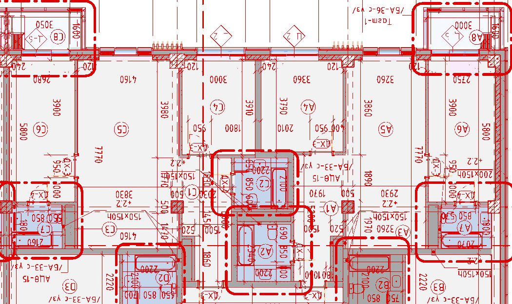 Floor 9 section of the model with plan p11 linework overlaid, flats A and C