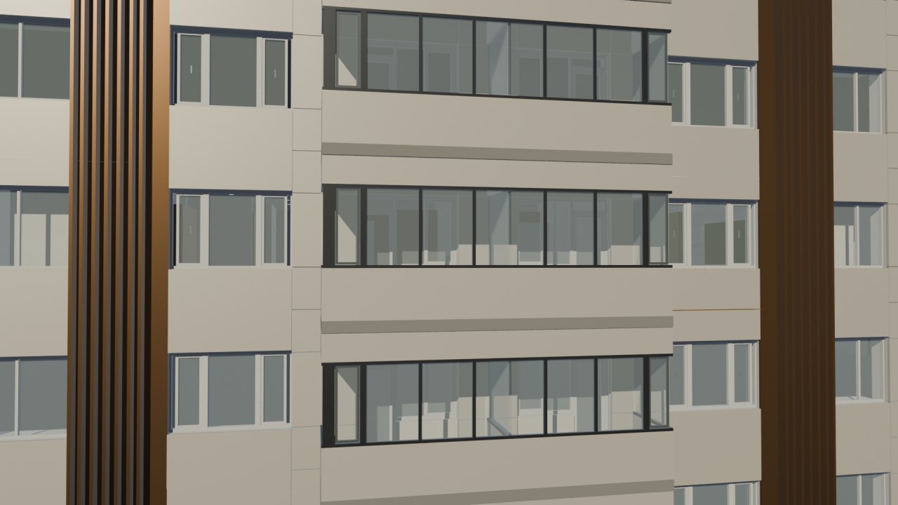 Close-up of the east facade windows and fins