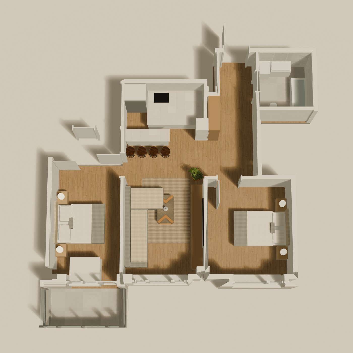 Type A: top-down 3D plan, furnished