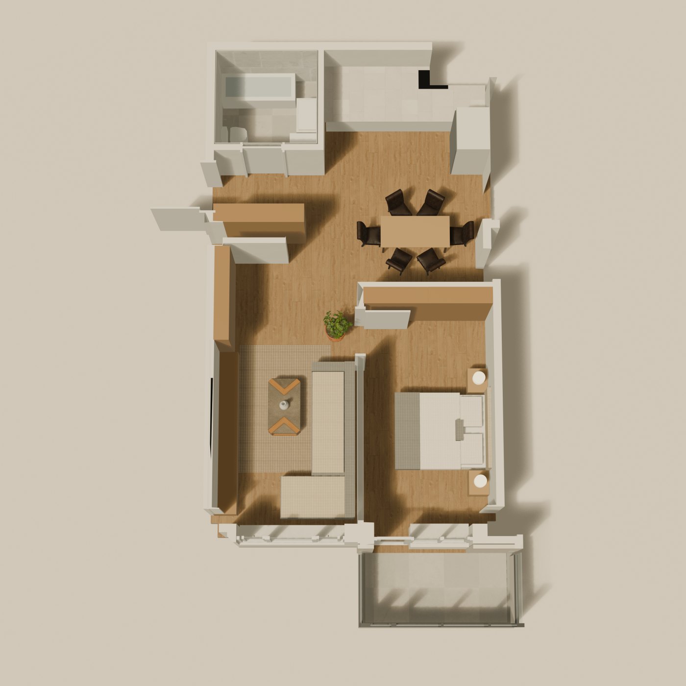 Type B: top-down 3D plan, furnished
