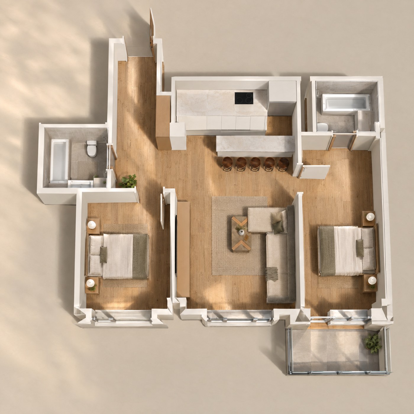 Type C: photoreal top-down plan, furnished