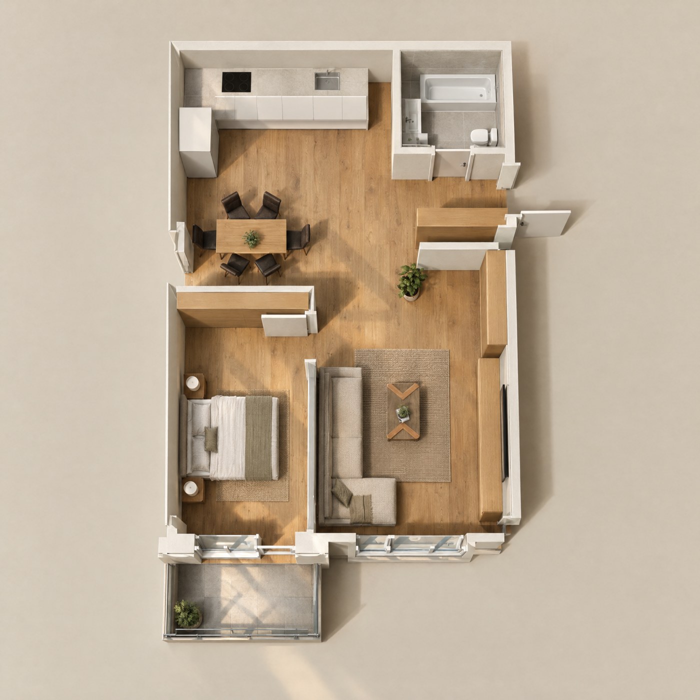 Type D: photoreal top-down plan, furnished