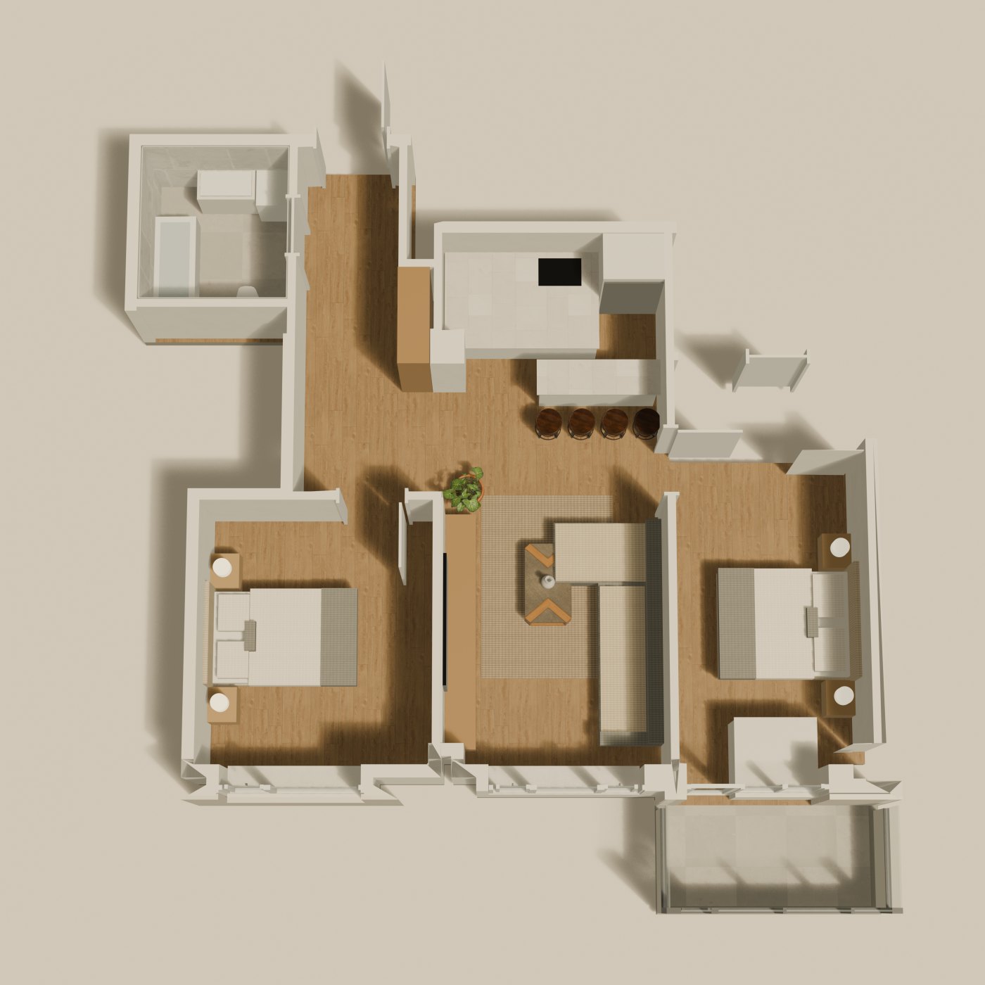 Type E: top-down 3D plan, furnished