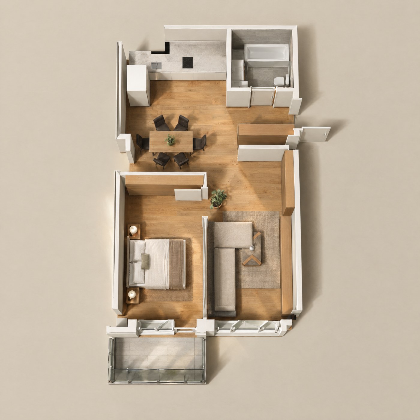 Type F: photoreal top-down plan, furnished