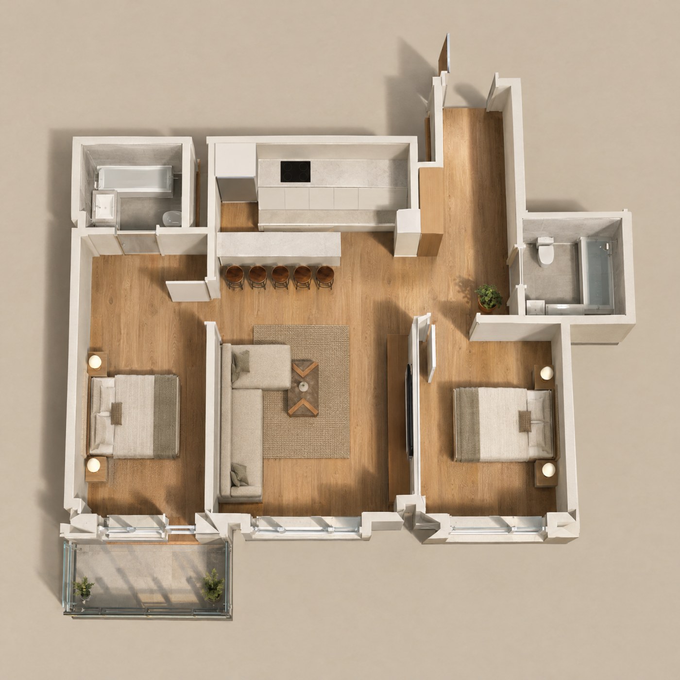 Type G: photoreal top-down plan, furnished